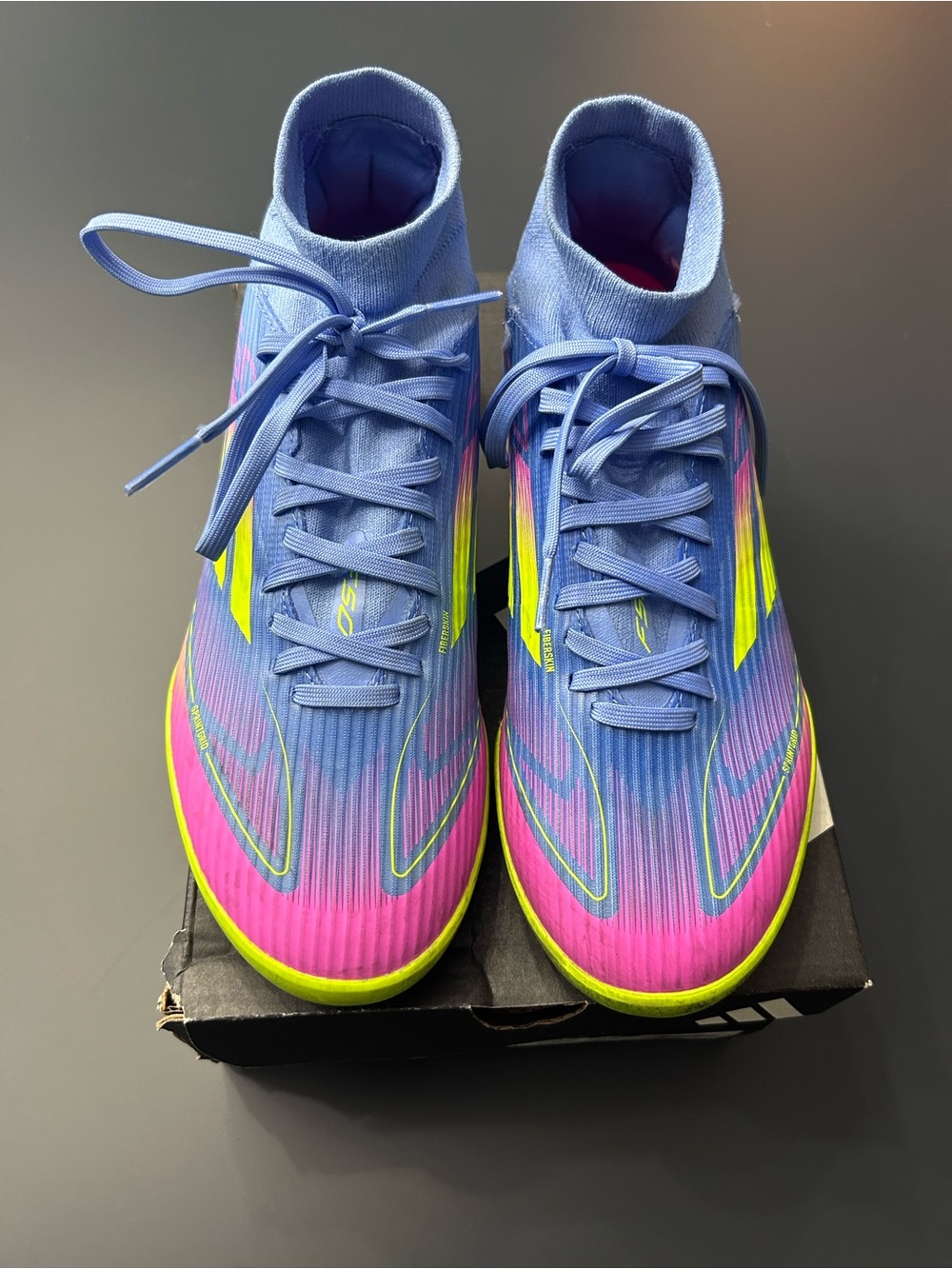 LIKE NEW adidas Women's High-Top turf soccer shoes in Blue, Pink & Neon Yellow